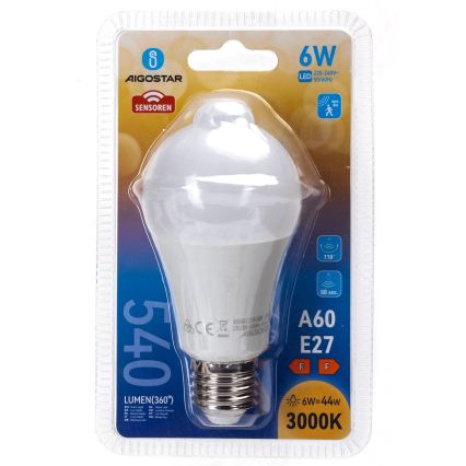 LED Žárovka se senzorem pohybu a soumraku A60 E27/6W/230V 3000K - Aigostar