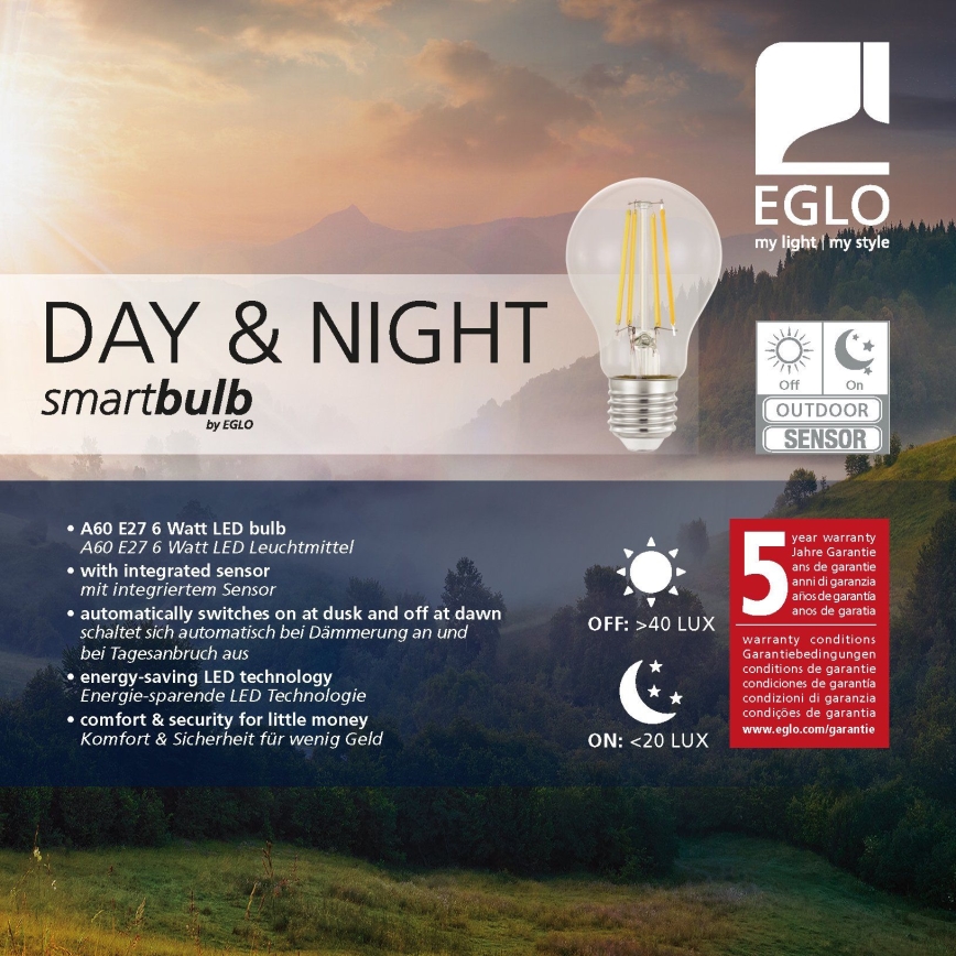 LED Žárovka se senzorem soumraku VINTAGE A60 E27/6W/230V 3000K - Eglo 11886