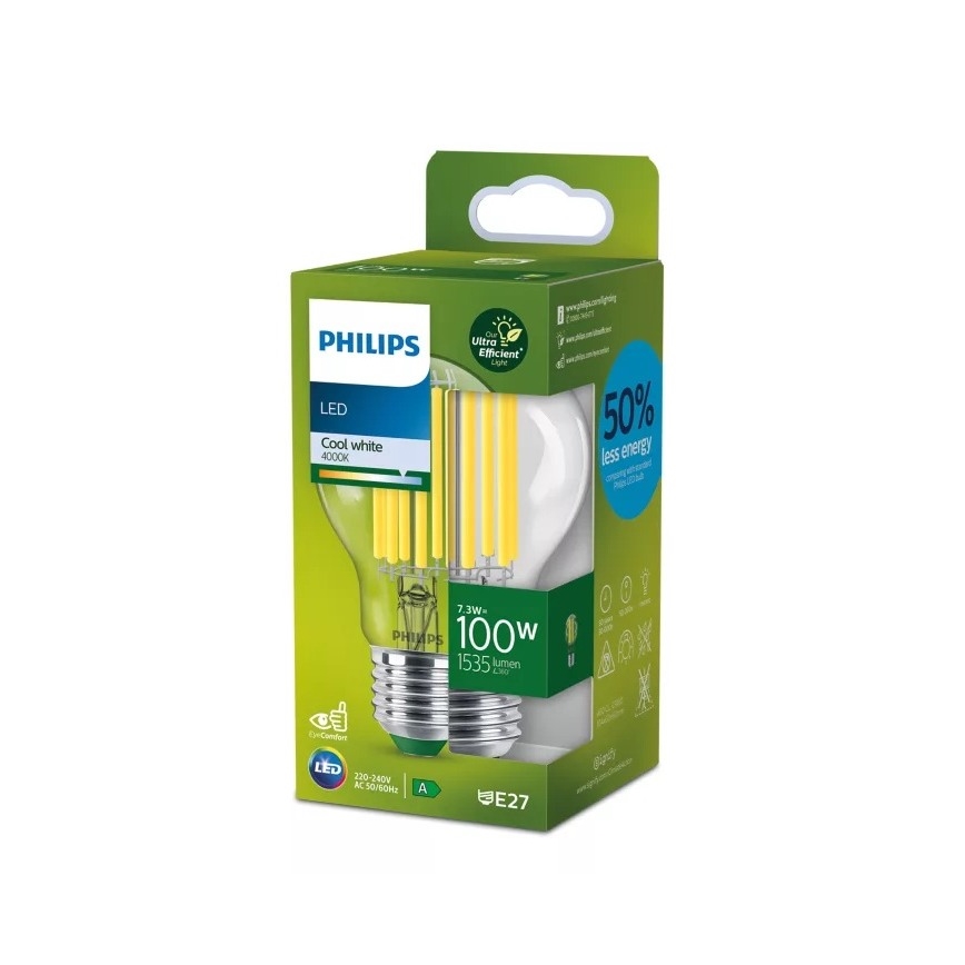 LED Žárovka ULTRAEFFICIENT FILAMENT Philips A60 E27/7,3W/230V 4000K