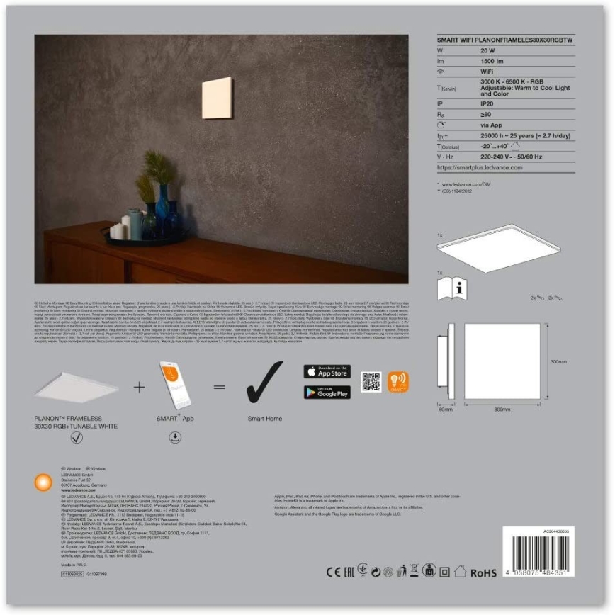 Ledvance - LED RGB+TW Stmívatelné stropní svítidlo SMART+ FRAMELESS LED/20W/230V 3000K-6500K Wi-Fi