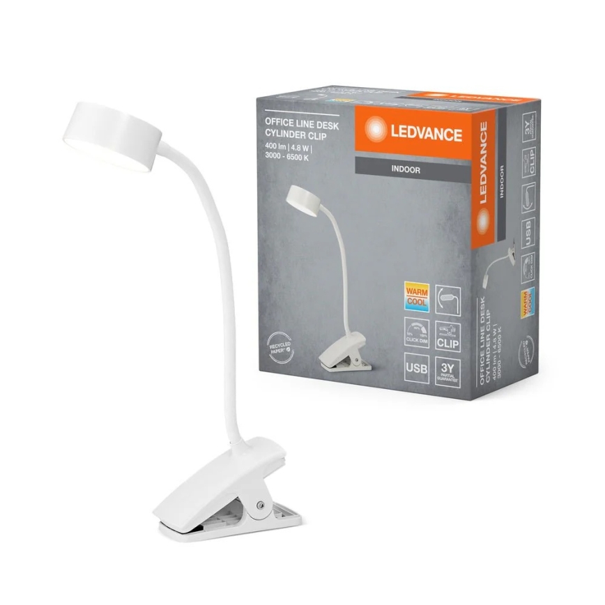 Ledvance - LED Stmívatelná dotyková stolní lampa s klipem CYLINDER LED/4,8W/5V 3000-6500K bílá