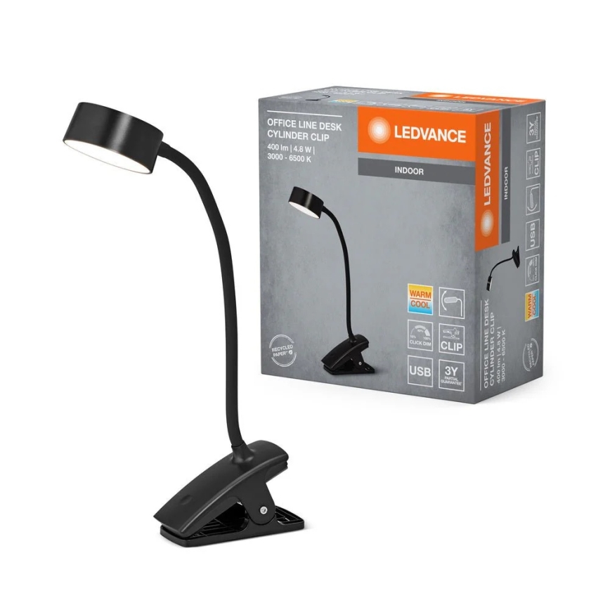 Ledvance - LED Stmívatelná dotyková stolní lampa s klipem CYLINDER LED/4,8W/5V 3000-6500K černá