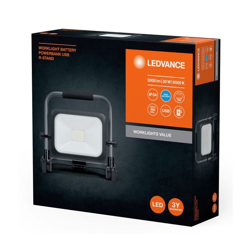 Ledvance - LED Stmívatelný venkovní nabíjecí reflektor WORKLIGHT BATTERY LED/30W/5V 2200 mAh IP54