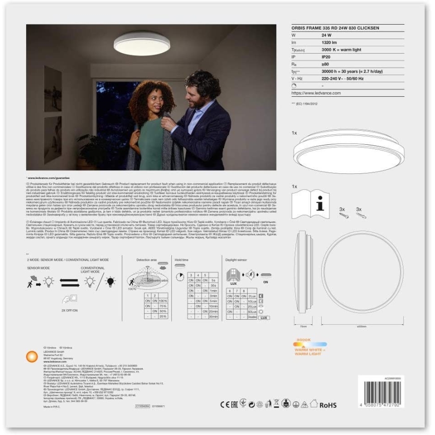 Ledvance - LED Stropní svítidlo se senzorem ORBIS LED/24W/230V 3000K