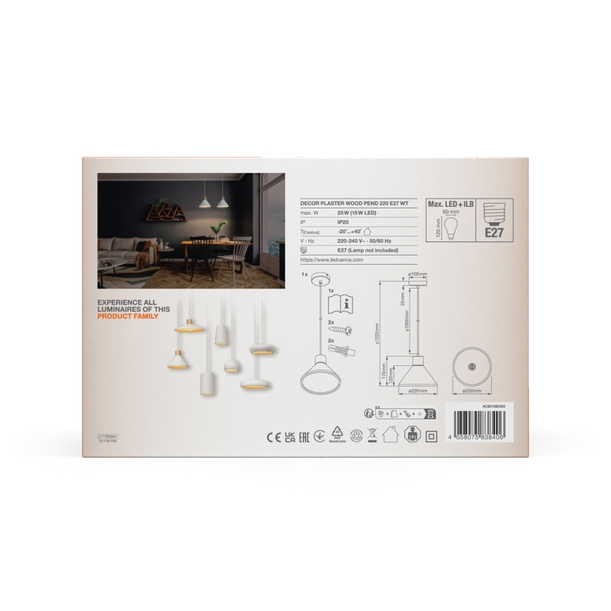 Ledvance - Lustr na lanku DECOR PLASTER 1xE27/25W/230V pr. 22 cm sádra bílá