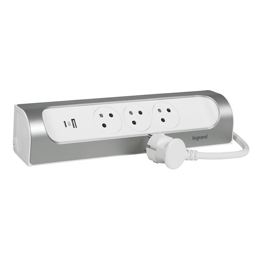 Legrand 049406 - Prodlužovací kabel 3Z Typ E + USB-A + USB-C 1m stříbrná/bílá