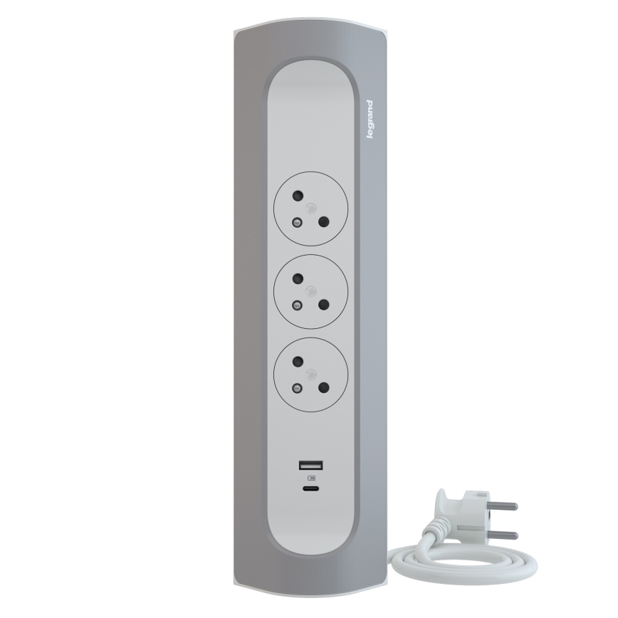 Legrand 049406 - Prodlužovací kabel 3Z Typ E + USB-A + USB-C 1m stříbrná/bílá