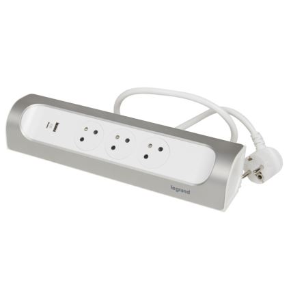 Legrand 049406 - Prodlužovací kabel 3Z Typ E + USB-A + USB-C 1m stříbrná/bílá