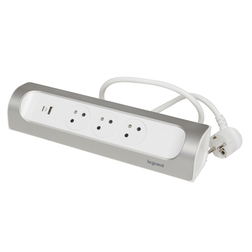 Legrand 049406 - Prodlužovací kabel 3Z Typ E + USB-A + USB-C 1m stříbrná/bílá