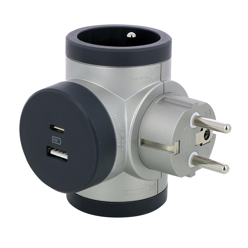 Legrand 049439 - Rozbočovací zásuvka otočná 2Z Typ E + USB-A + USB-C stříbrná/černá
