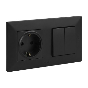 Legrand - Dvojitý schodišťový vypínač 6+6 a zásuvka domovní SCHUKO s rámečkem NILOE STEP 250V černá