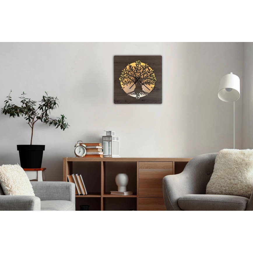 Li-Go 23537/DUB2 - LED Stmívatelné hodiny LED/10W/5V 20000 mAh 42x42 cm dub/Olivovník v kruhu + dálkové ovládání