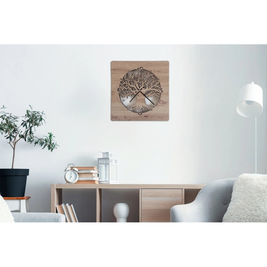 Li-Go 23537/DUB2 - LED Stmívatelné hodiny LED/10W/5V 20000 mAh 42x42 cm dub/Olivovník v kruhu + dálkové ovládání