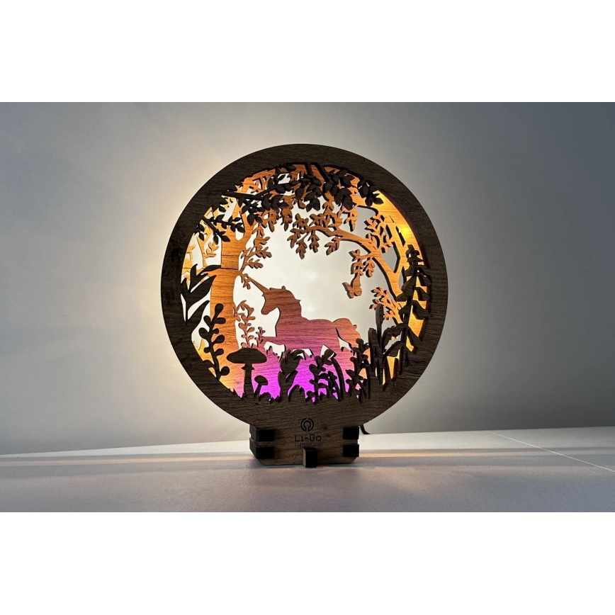 Li-Go 23568/DUB2 - LED Stmívatelná stolní dekorace LED/12W/230V 20x22 cm dub/Jednorožec
