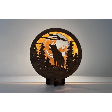Li-Go 23574/DUB2 - LED Stmívatelná stolní dekorace LED/12W/230V 20x22 cm dub/Vlk a měsíc