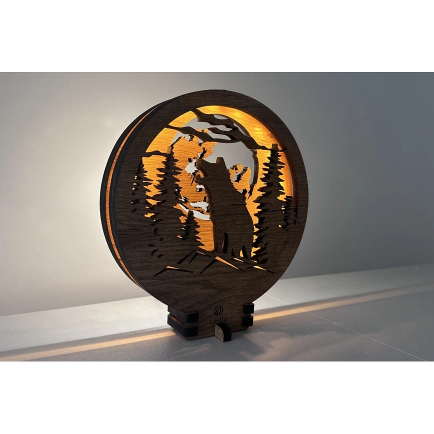 Li-Go 23574/DUB2 - LED Stmívatelná stolní dekorace LED/12W/230V 20x22 cm dub/Vlk a měsíc