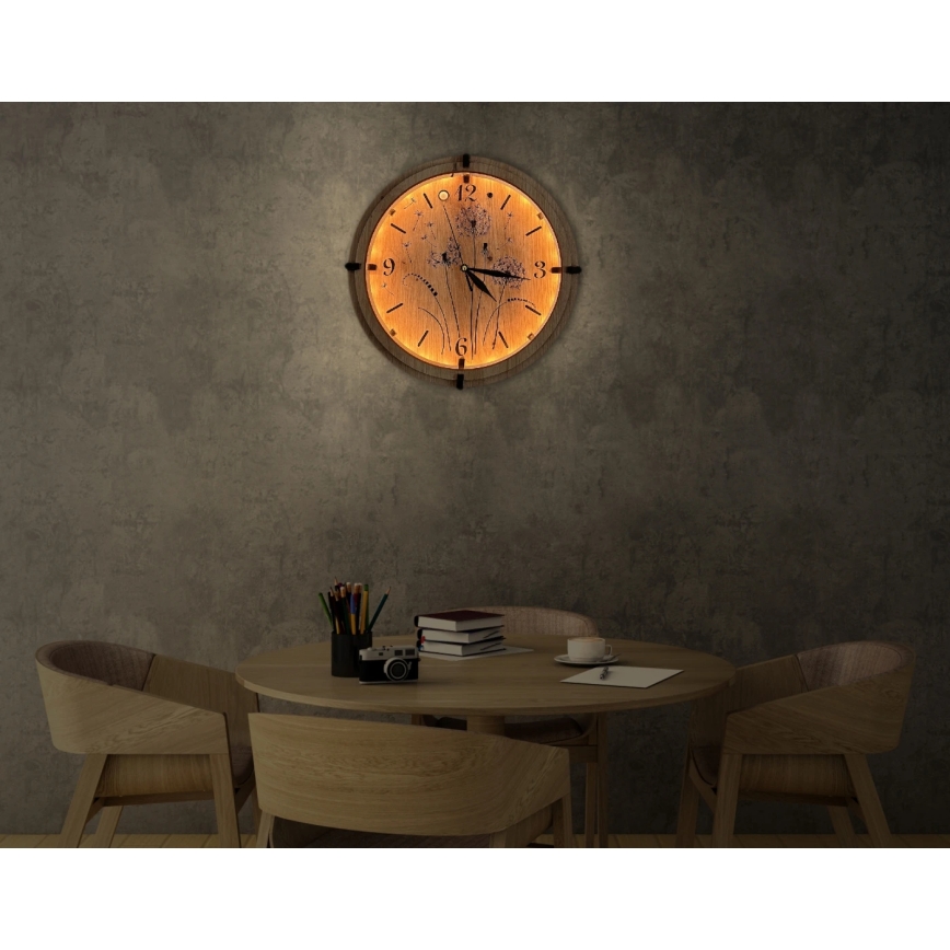 Li-Go 23688/DUB2 - LED Stmívatelné hodiny se senzorem pohybu LED/5V 20000 mAh + 1xAA pr. 32 cm dub/Pampeliška