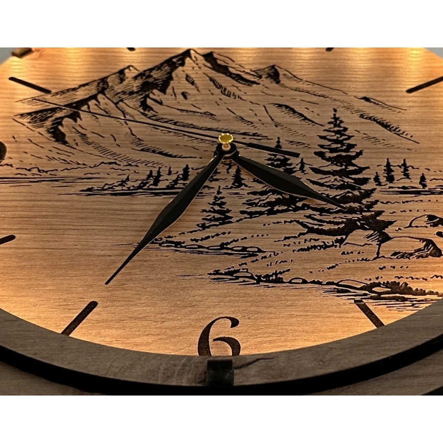 Li-Go 23697/DUB/BAT2 - LED Stmívatelné hodiny se senzorem pohybu LED/10W/5V 20000 mAh + 1xAA pr. 32 cm dub/Hory