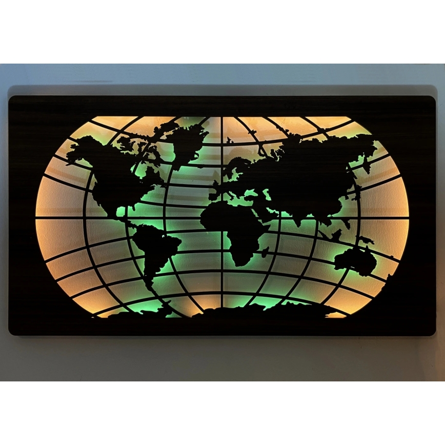 Li-Go 4709/DUB2 - LED RGBW Stmívatelná nástěnná dekorace LED/24W/230V 125x74 cm dub/Mapa světa rovnoběžky + dálkové ovládání