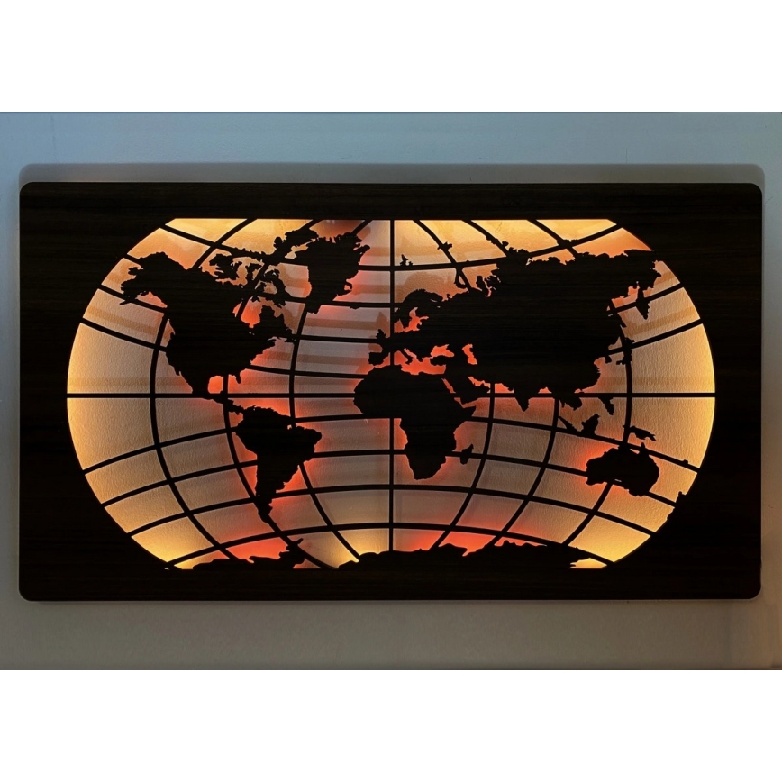 Li-Go 4709/DUB2 - LED RGBW Stmívatelná nástěnná dekorace LED/24W/230V 125x74 cm dub/Mapa světa rovnoběžky + dálkové ovládání