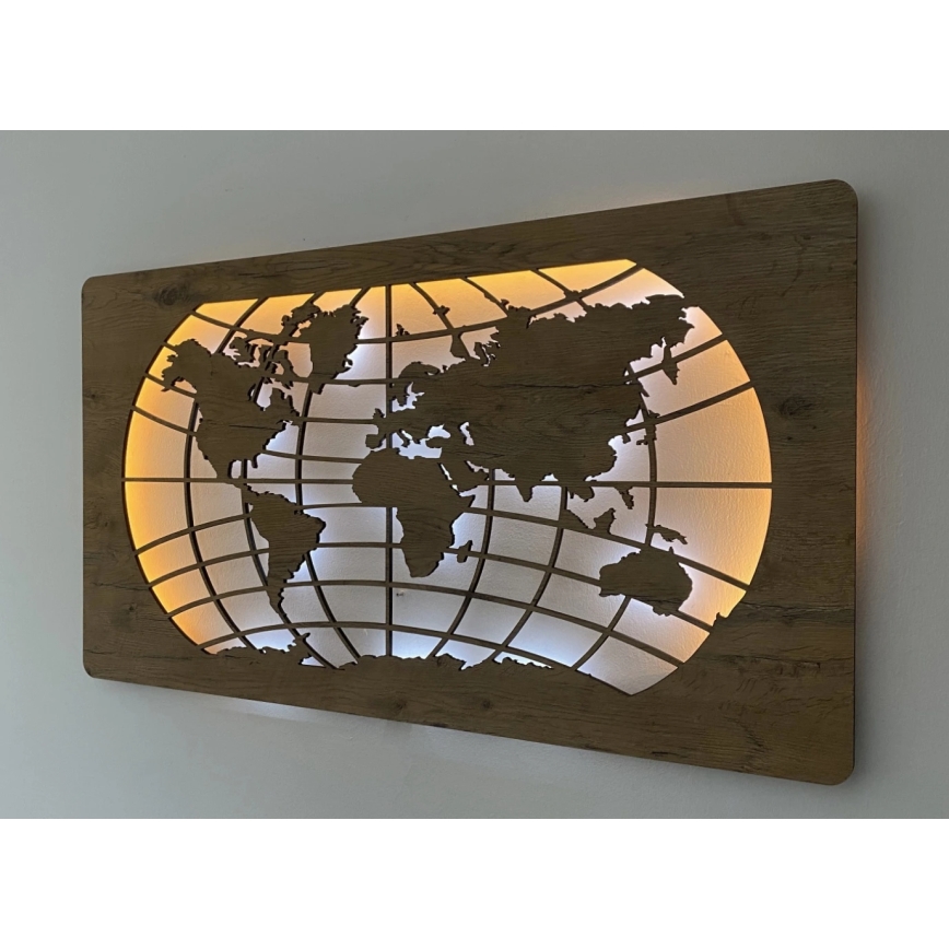 Li-Go 4868/DUB2 - LED Stmívatelná nástěnná dekorace LED/24W/230V 110x60 cm dub/Mapa světa rovnoběžky