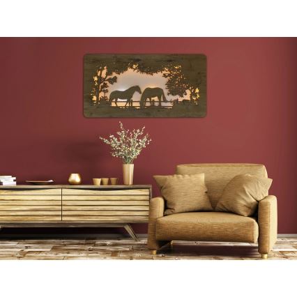 Li-Go 5012/B/4 - LED Stmívatelná nástěnná dekorace LED/10W/5V 30000 mAh 120x60 cm dub/Koně + dálkové ovládání