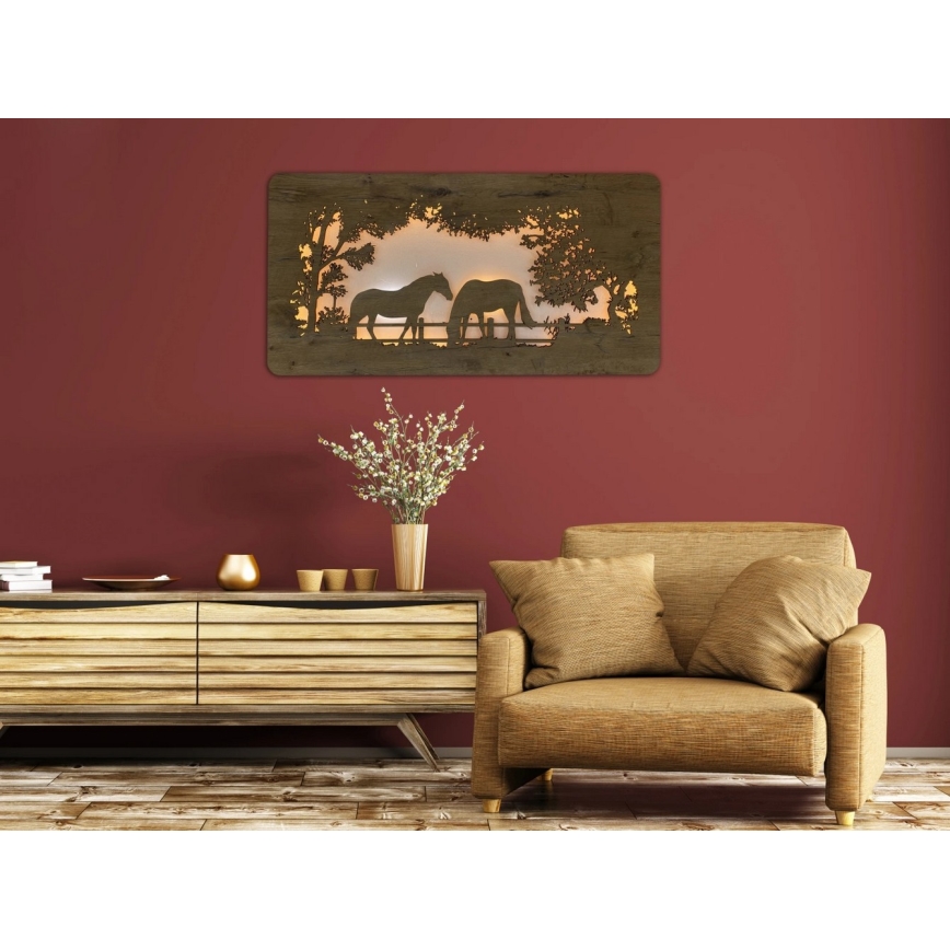 Li-Go 5012/B/4 - LED Stmívatelná nástěnná dekorace LED/10W/5V 30000 mAh 120x60 cm dub/Koně + dálkové ovládání