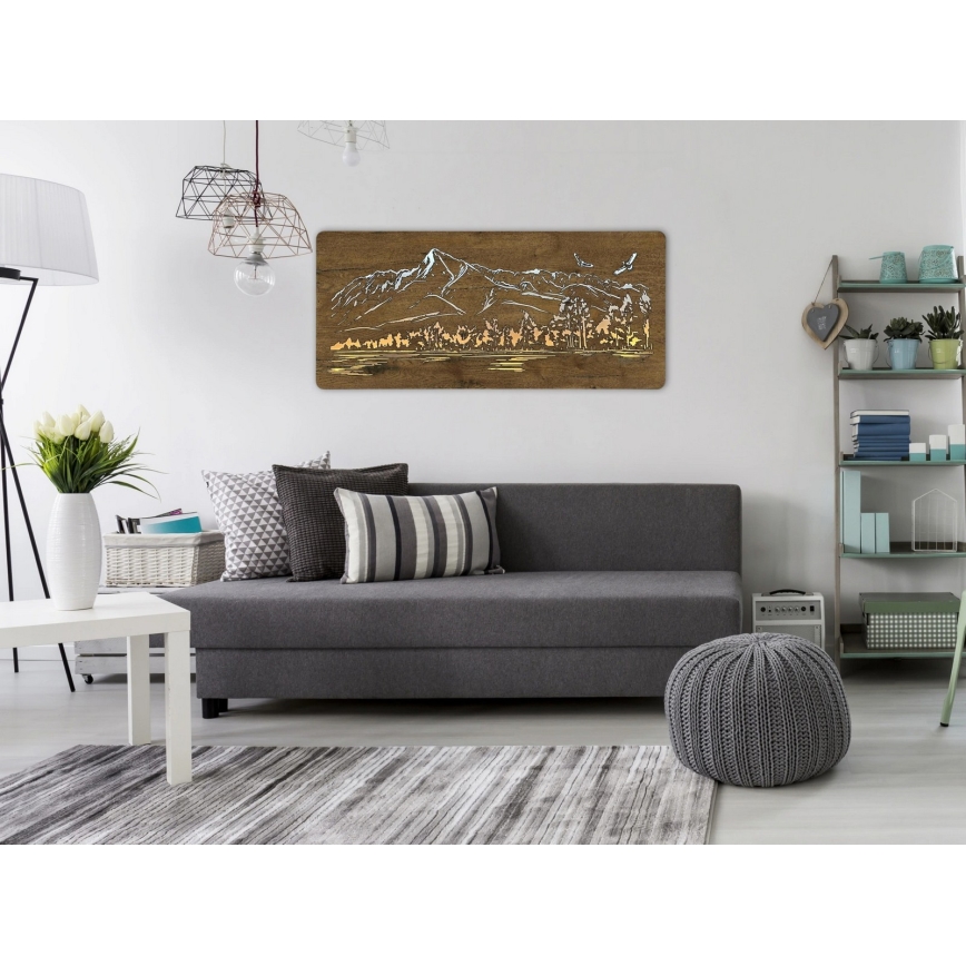 Li-Go 5589/A/DUB2 - LED Stmívatelná nástěnná dekorace LED/10W/5V 30000 mAh 110x50 cm dub/Hory s ptáky