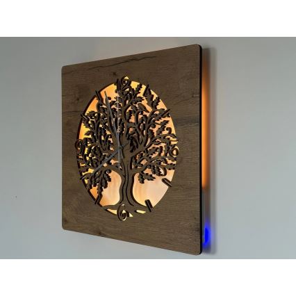 Li-Go 5652/DUB2 - LED Stmívatelné hodiny LED/10W/5V 20000 mAh 42x42 cm dub/Dub v kruhu + dálkové ovládání