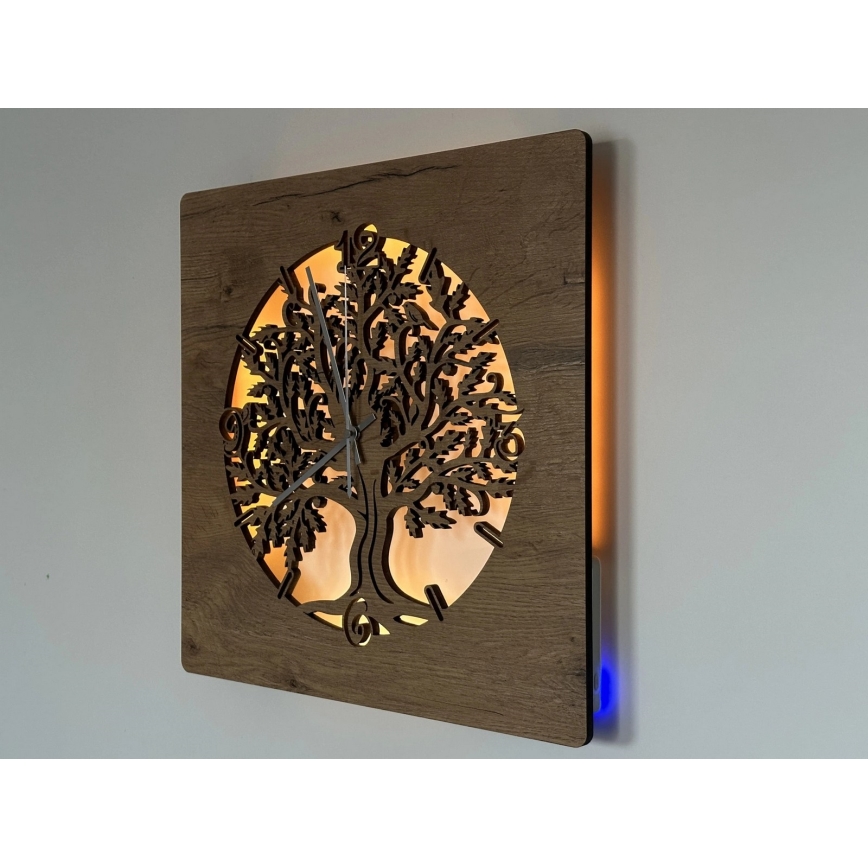 Li-Go 5652/DUB2 - LED Stmívatelné hodiny LED/10W/5V 20000 mAh 42x42 cm dub/Dub v kruhu + dálkové ovládání