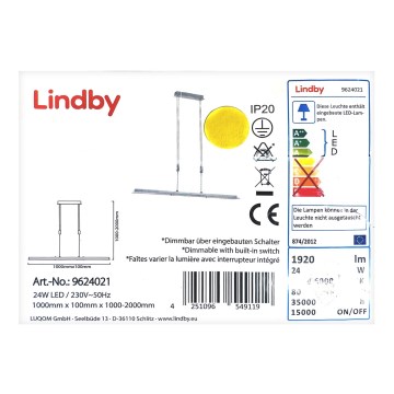 Lindby - LED Stmívatelný lustr na lanku SLADJA LED/24W/230V