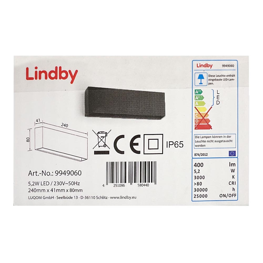 Lindby - LED Venkovní nástěnné svítidlo JARTE LED/5,2W/230V IP65