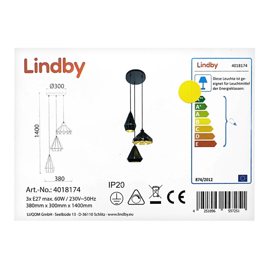 Lindby - Lustr na lanku 3xE27/60W/230V