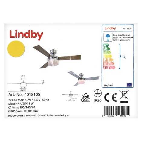 Lindby - Stropní ventilátor ALVIN 2xE14/40W/230V + dálkové ovládání