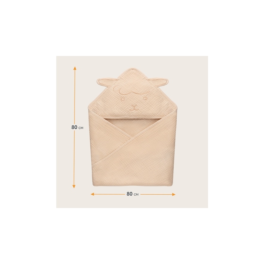 Lionelo - Dětská osuška s kapucí MUSLIN HOODED TOWEL Beige Sand