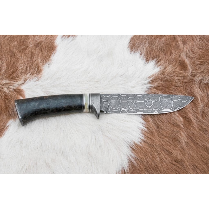 Lovecký damaškový nůž 13,8 cm bříza/velbloudí kost