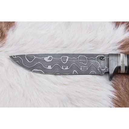 Lovecký damaškový nůž 13,8 cm bříza/velbloudí kost