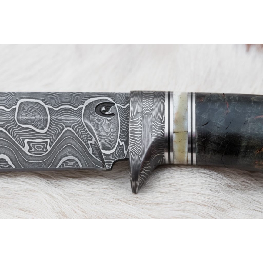 Lovecký damaškový nůž 13,8 cm bříza/velbloudí kost