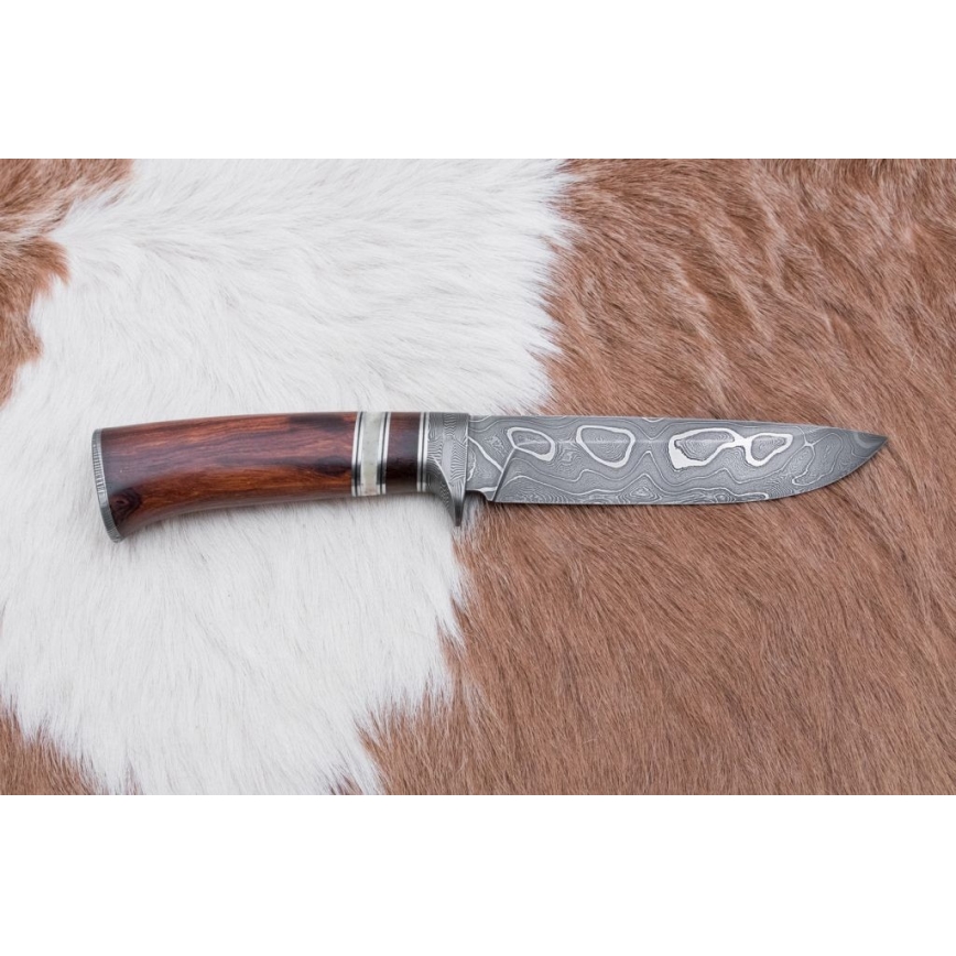 Lovecký damaškový nůž 13,8 cm ironwood/buvolí kost
