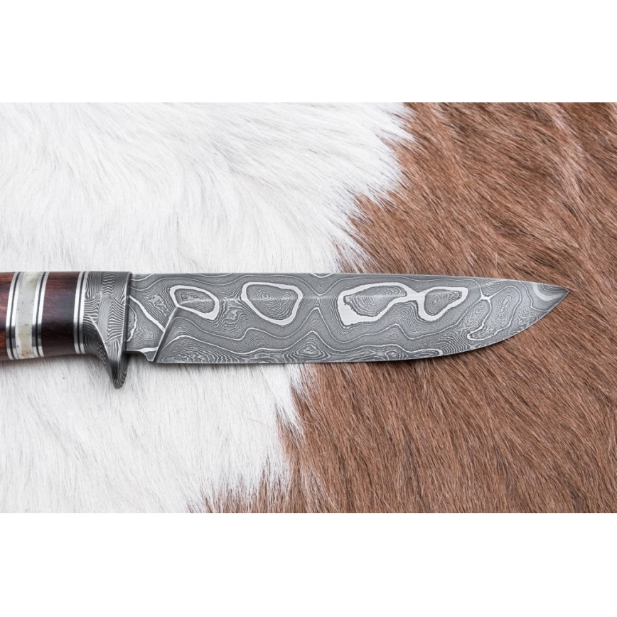Lovecký damaškový nůž 13,8 cm ironwood/buvolí kost