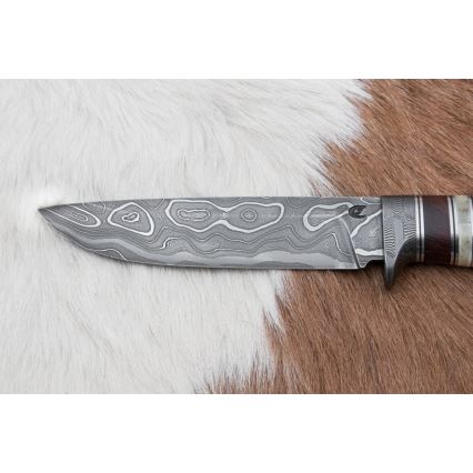 Lovecký damaškový nůž 13,8 cm ironwood/buvolí kost