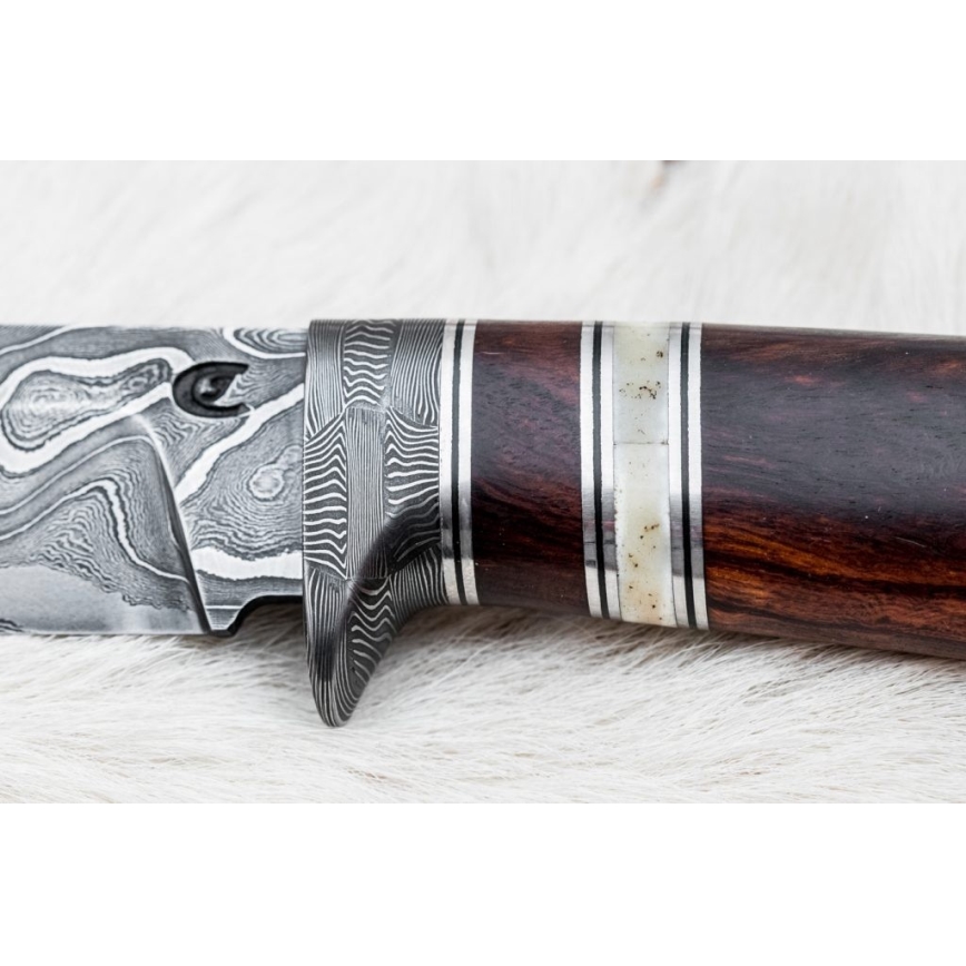 Lovecký damaškový nůž 13,8 cm ironwood/buvolí kost