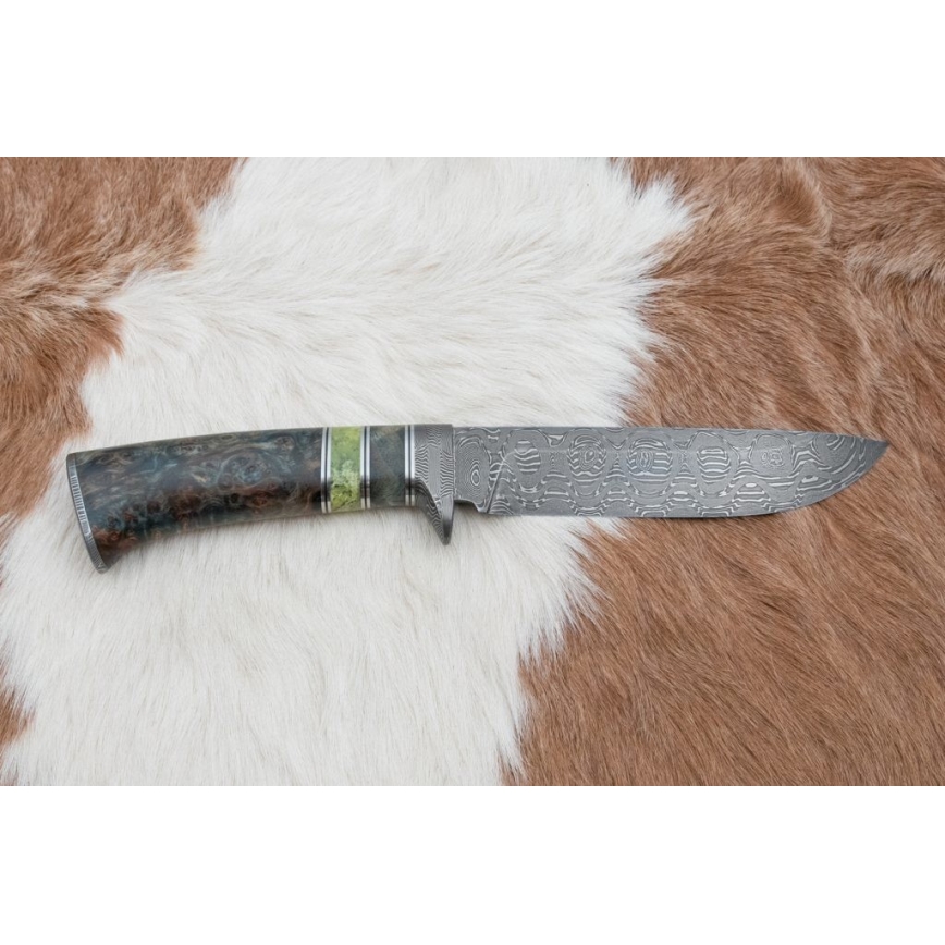 Lovecký damaškový nůž 14,5 cm olše/serpentinit
