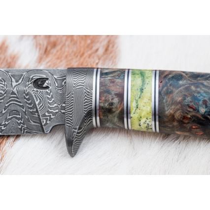 Lovecký damaškový nůž 14,5 cm olše/serpentinit