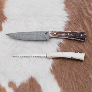 Lovecký damaškový nůž zavazák s pilkou 12 cm jelení paroh