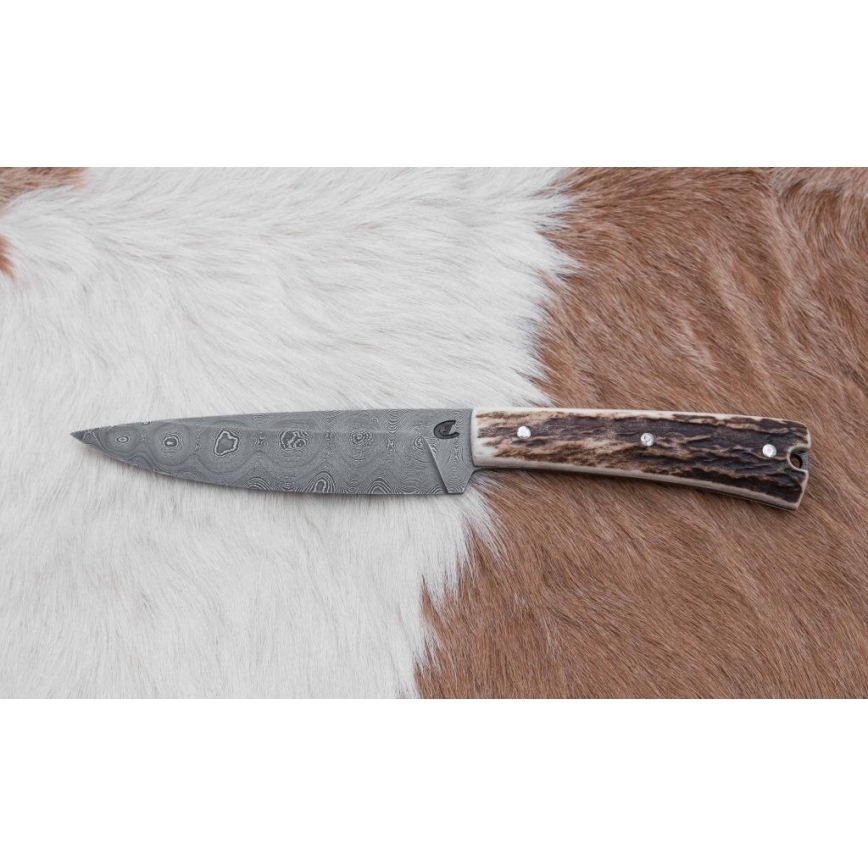 Lovecký damaškový nůž zavazák s pilkou 12 cm jelení paroh