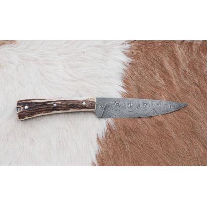 Lovecký damaškový nůž zavazák s pilkou 12 cm jelení paroh