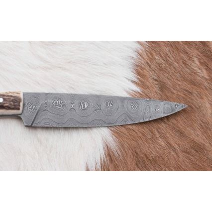 Lovecký damaškový nůž zavazák s pilkou 12 cm jelení paroh