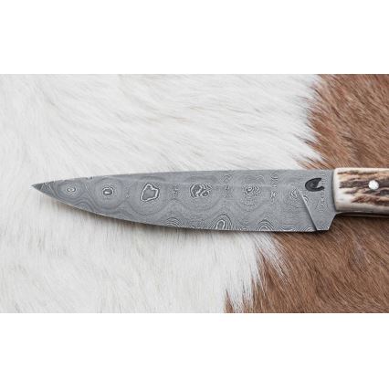Lovecký damaškový nůž zavazák s pilkou 12 cm jelení paroh