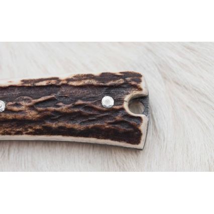 Lovecký damaškový nůž zavazák s pilkou 12 cm jelení paroh